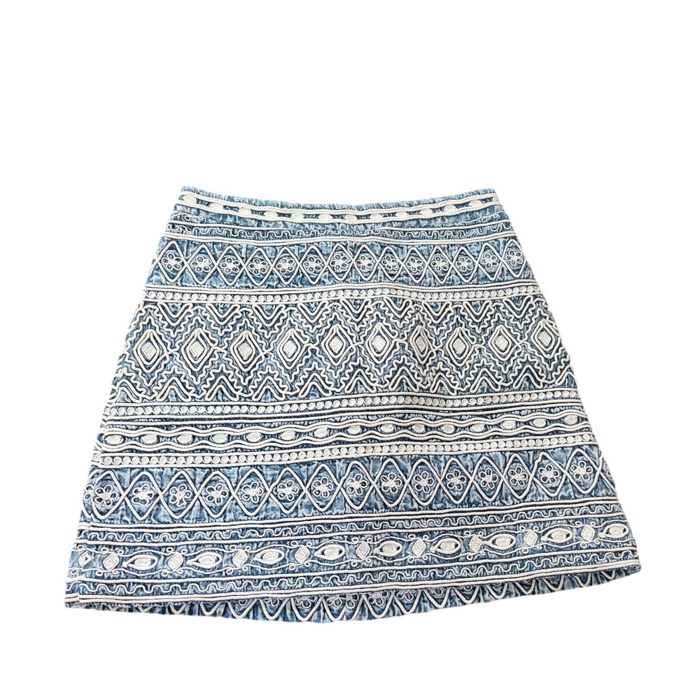 Alice + Olivia Embroidered Denim Mini Skirt Blue White Floral Size 2 Boho Summer